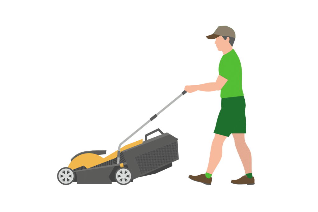 Illustration of landscaper mowing lawn