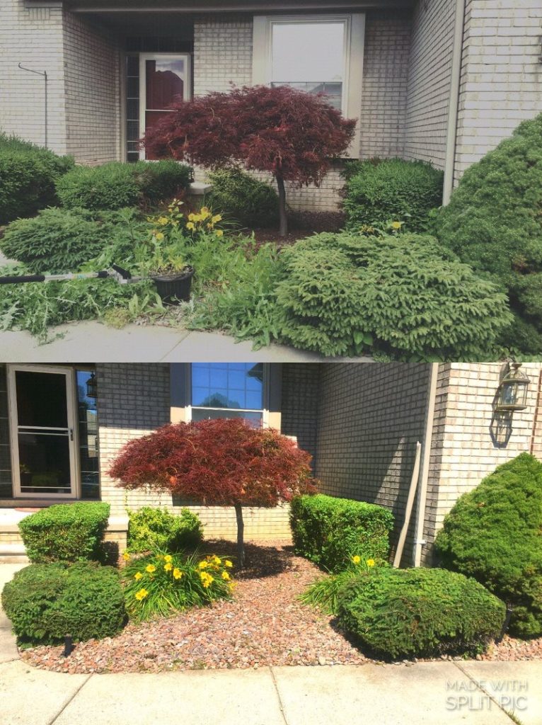 Before / after image of weeding performed by J & J Landscaping, LLC at a residential property in Metro Detroit, Michigan
