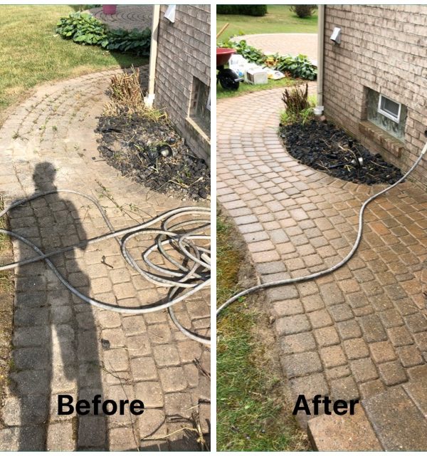 Before and after of re-sanded, power washed, and restored paver bricks / hardscape by J & J Landscaping, LLC in Metro Detroit, Michigan