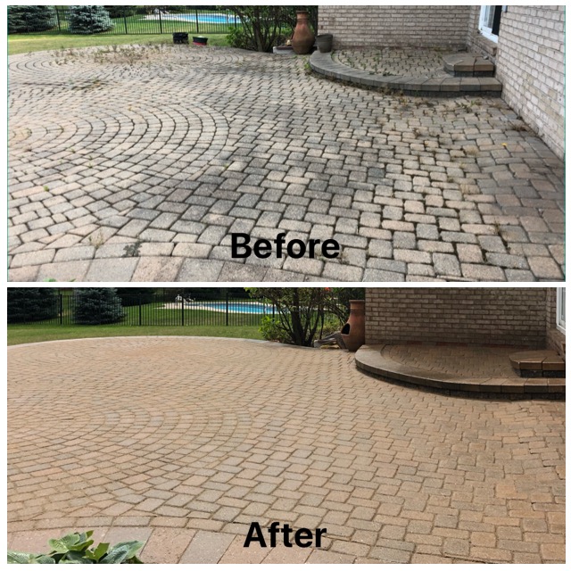 Before / after image of power washing performed at residential property by J & J Landscaping, LLC in Metro Detroit, Michigan