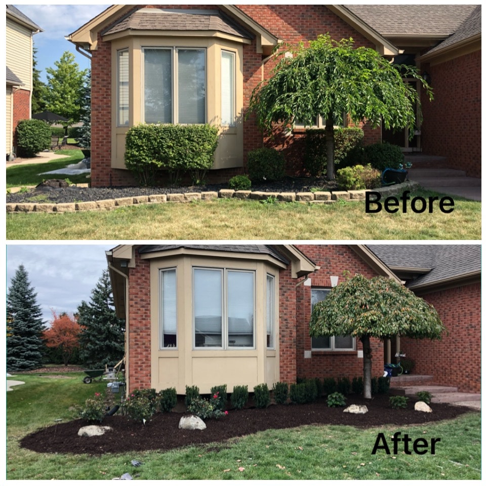 Before / after picture of mulch and stone replacement / refreshment by J & J Landscaping, LLC in Metro Detroit, Michigan