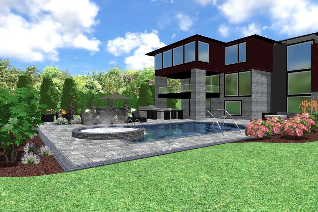 A 3D design of a new residential landscaping project by J & J Landscaping in Metro Detroit