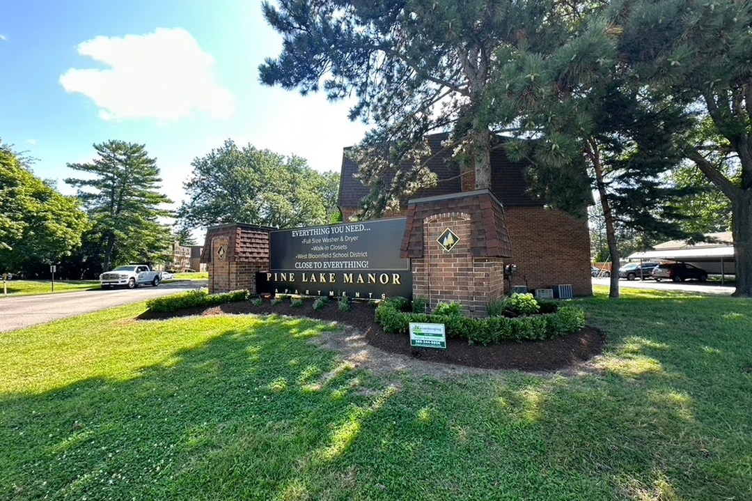 A new commercial landscape designed and built by J & J Landscaping at Pine Lake Manor in Keego Harbor, Michigan